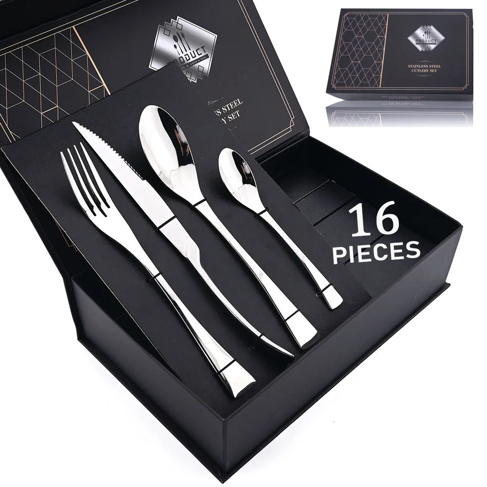 16Pcs/Set Silver Silverware Set 304 Stainless Steel Tableware Table Fork Steak Knife Spoon Flatware Kitchen Cutlery Set Gift Box