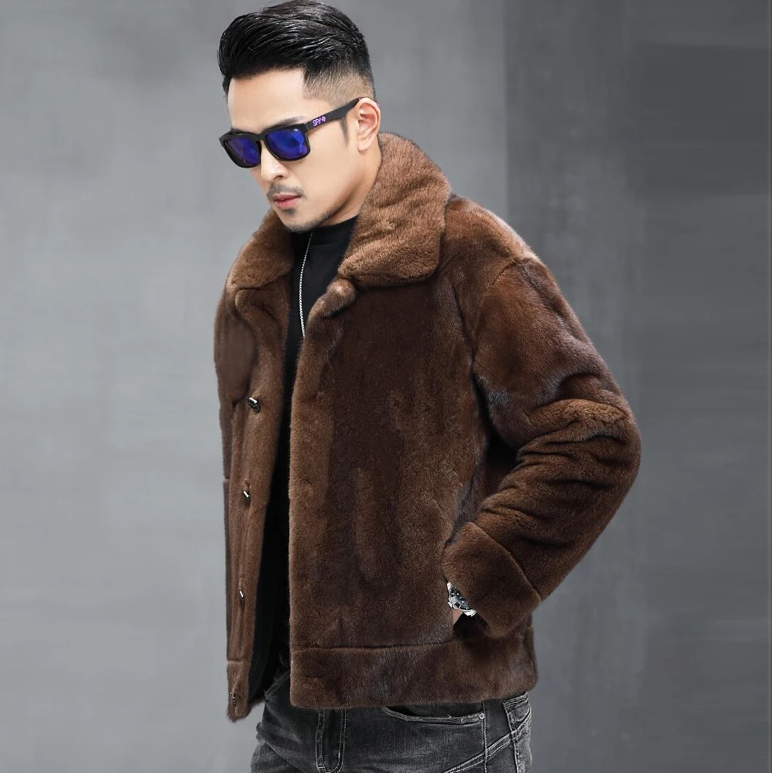 

Simulated Whole Marten Jacket Man Gray Coffee Brown New Design Lapel Collar Short Mink Fur Coat Autumn Winter Warm Clothing