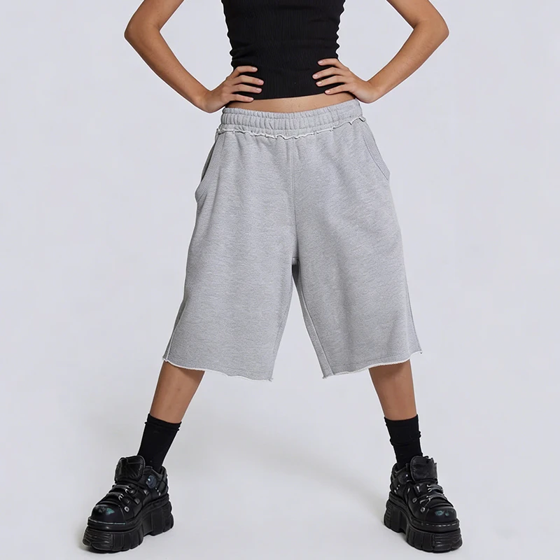 European American Fashion Personality Trend Street Solid Color Loose Wide Leg Casual Elasticity Seven point shorts Men Women's