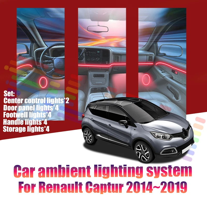 Luces LED Ambientales para Renault Captur 2014~2019 J87 MK1, Luces de Atmósfera Coloridas, Tira de Neón Interior para Auto, Iluminación RGB de 64 Colores