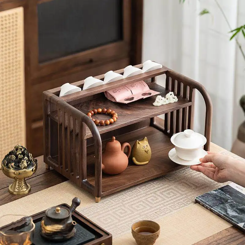 Simple Chinese storage rack Household walnut solid wood tea set Teacup rack Desktop tea ceremony ware Sundries storage Bogu rack