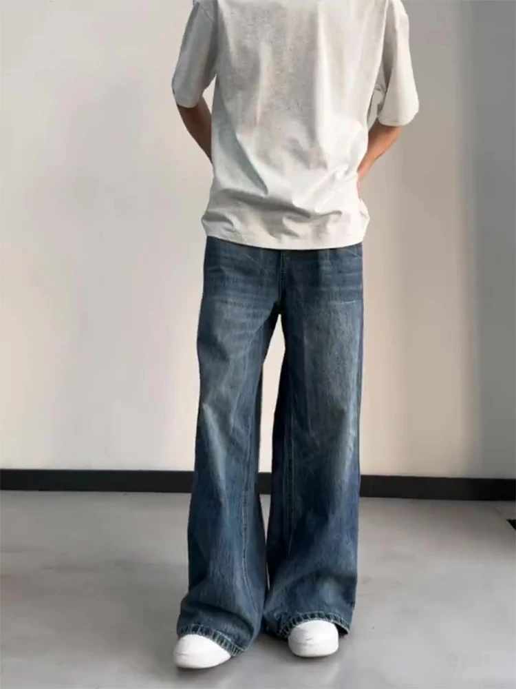 

Retro Blue Waed Straight Leg Jeans Men's Summer American Drape Wide Leg Pants Cleanfit Flared Long Trousers Youth Trend