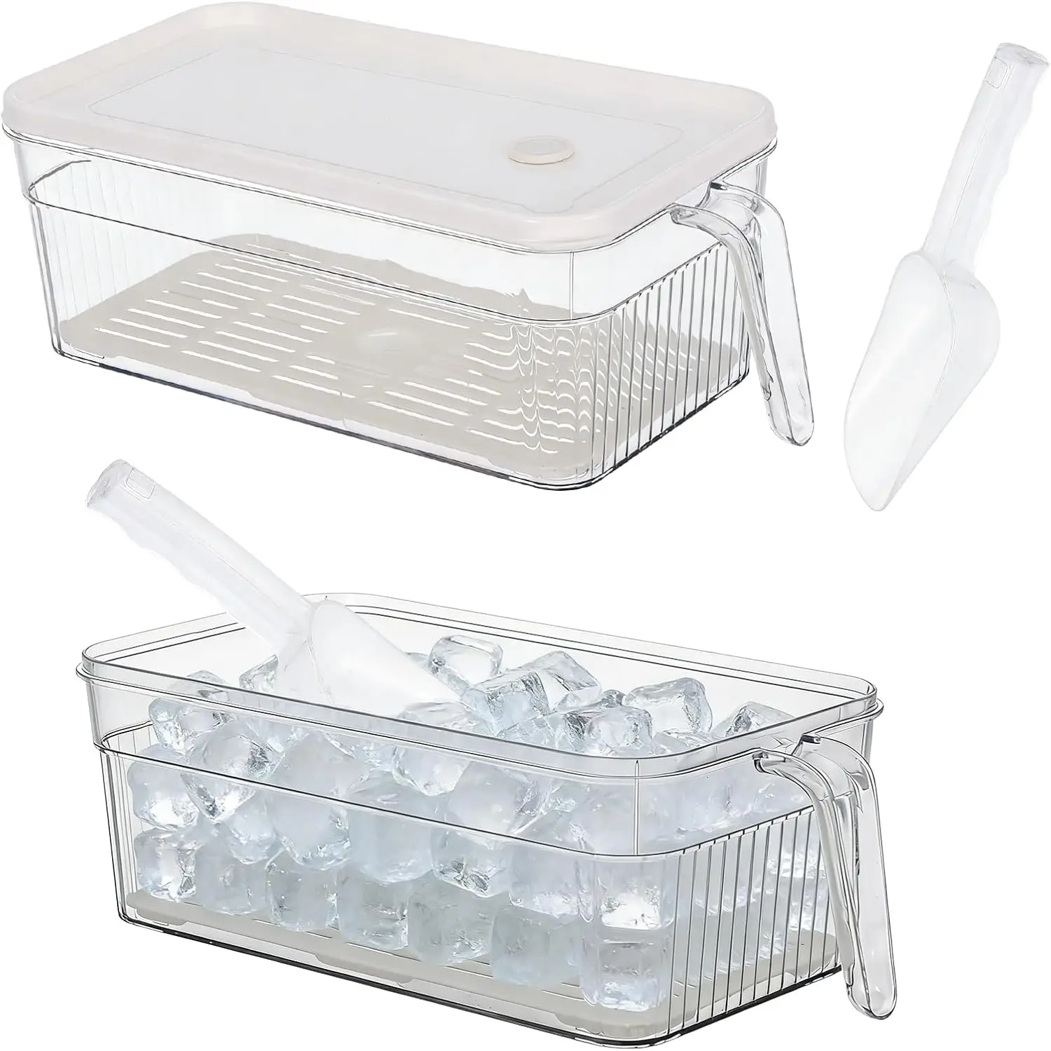 

2-Pack Ice Bin with Lid and Scoops, Plastic Freezer Storage Container with Pull-Out Handle, Clear Kitchen Organizer for Fridge