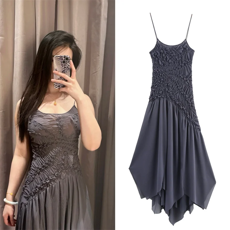 

Teen Girl Dress 2025 New Gray Suspender Pleated Dresses for Girl Summer Irregular Skirt Fashion Girl Long Dress 14-18 Years