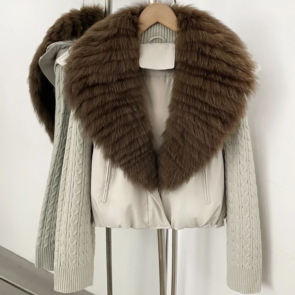 OFTBUY 90 White Duck Down Jacket Cable Knit Sleeve Zipper Drawstring Hem Cropped Coat Women Winter Real Layered Fox Fur Collar