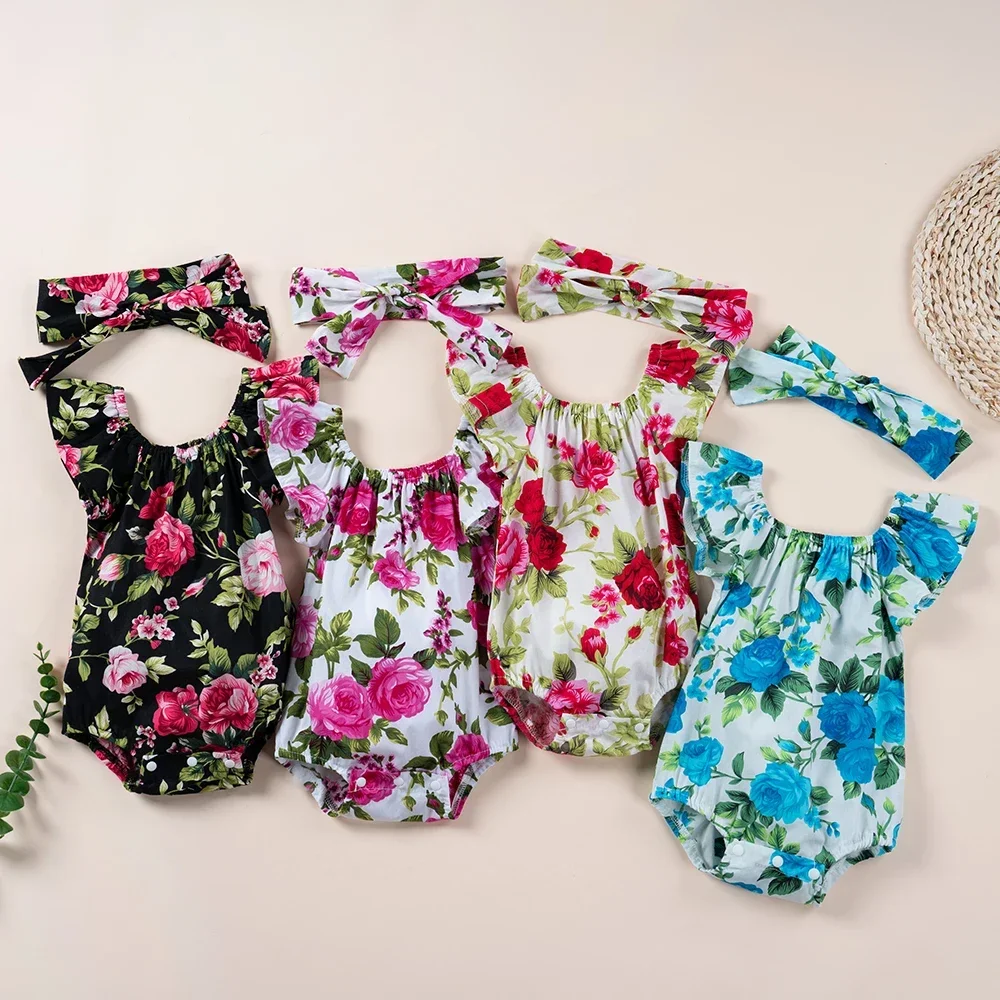 New Summer Baby Girl Cotton Jumpsuit Sleeveless Kids Floral Print Jumpsuit 4 Colors