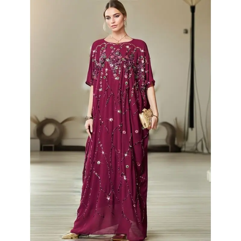 

Ближний Восток Sle Ручная вышивка из бисера Цветочный плащ Par Длинная футболка Dr Размерный цветочный узор Свободная талия Дизайн