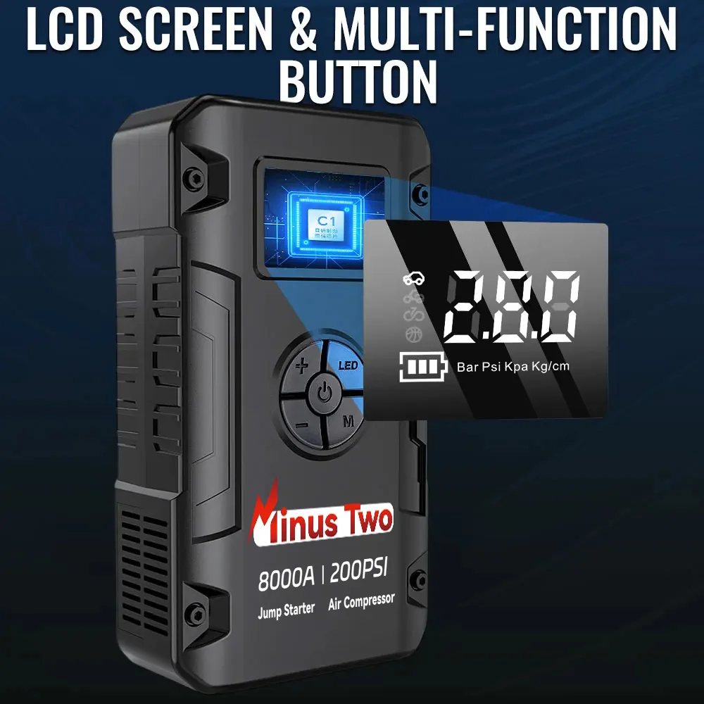 

Minus Two 12V Car Jump Starter with Air Pump, Emergency Battery Booster for Gas and Diesel Vehicles