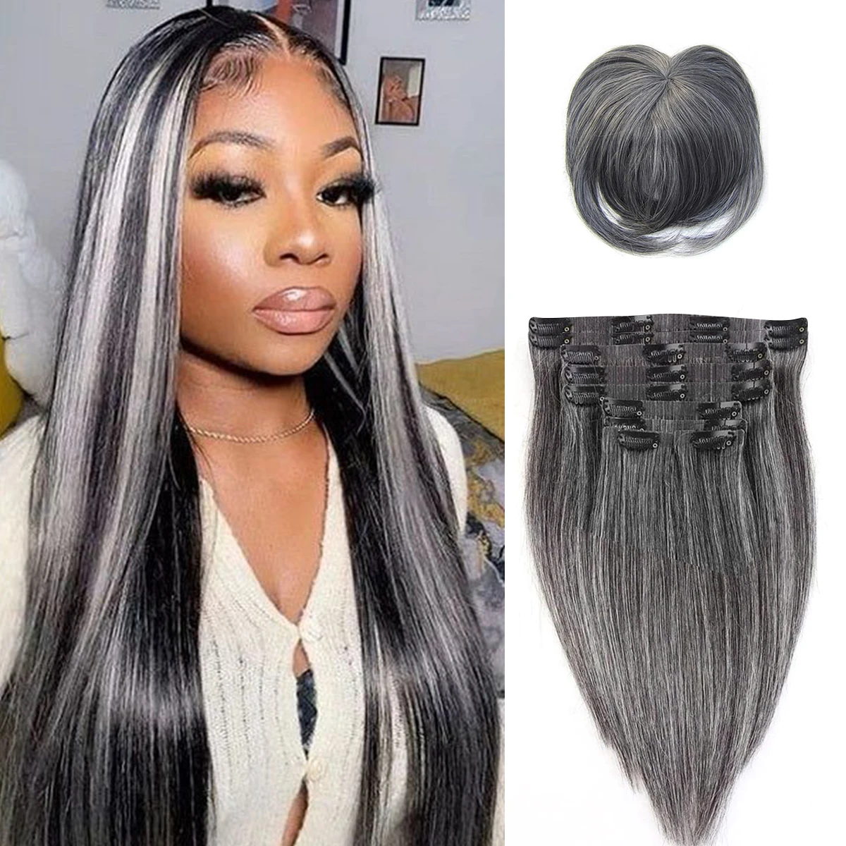 Ombre Grey 16A Straight Clip In Hair Gray Color Hair Weave Straight Human Hair Clip in Extensions10Pcs Hair Extensions With Bang