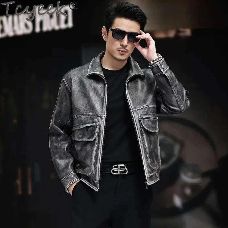 Tcyeek Real Leather Jacket Men Top Layer Cowhide Motocycle Jackets New Style Mens Coats Spring Autumn Clothes Casaco Masculino