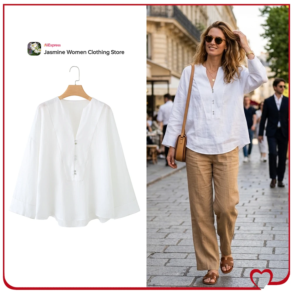 

New in Spring & Autumn V-neckline Linen Kimono Shirts for Women Elegant White Round Neck Long Sleeves Shirts with Asymmetric Hem