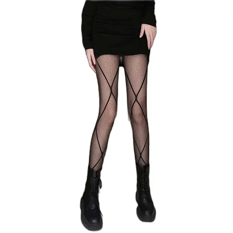 Sexy Crossed Lines Fishnet Stockings Woman Black Tights Transparent Thin Y2K Medias Socks Party Club Pantyhose.