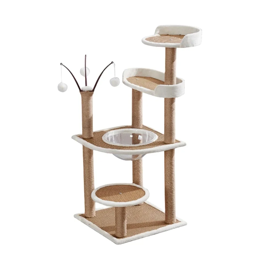 

Multilevel Wooden Tree House Space Capsule Cat Bed Rattan Mat Tower With Sisal Rope Cat Scratching Posts Pet Cats Condos