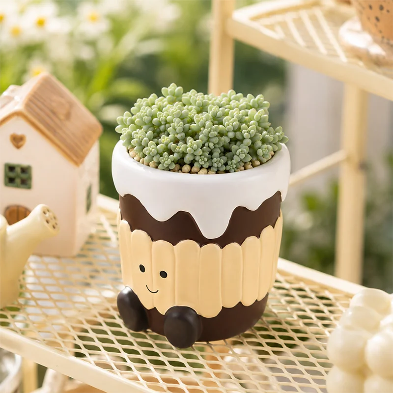 Cartoon Smile Cake Resin Succulent Planter Mini Flower Pot for Cactus Desktop Balcony Garden Decor Nice Gift for Plant Lovers