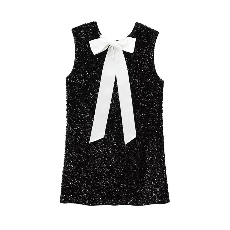 YENKYE Women Bow Tie Back Sleeveless Sequin Dresses Round Neck Straight Party Mini Dresses High Street Christmas Vestidos