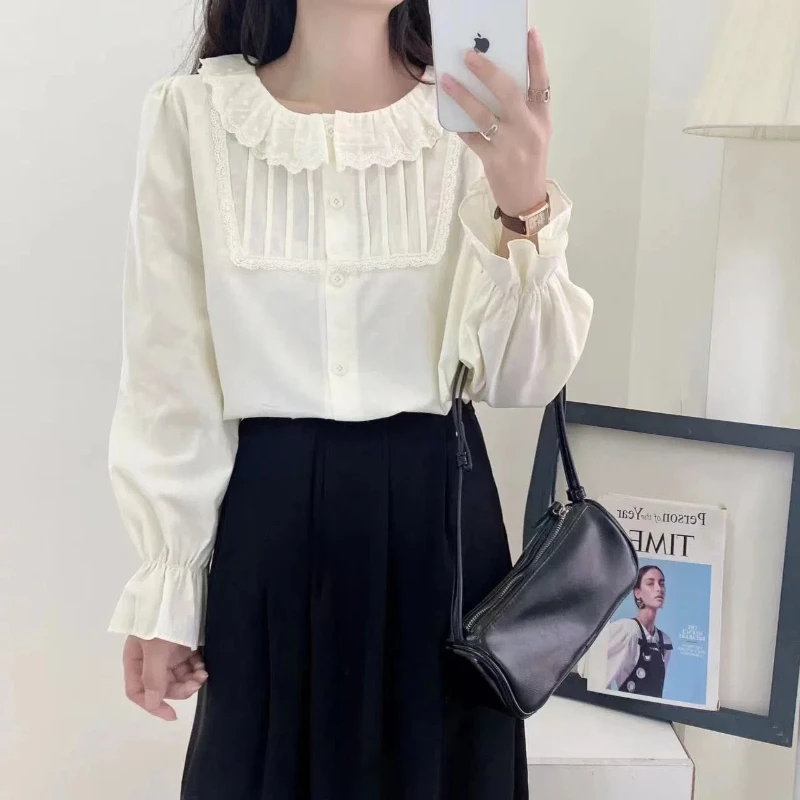

New Spring Doll Collar Sweet Single-breasted Long-sleeved Shirt for Women Korean Style Solid Color Shirt Versatile