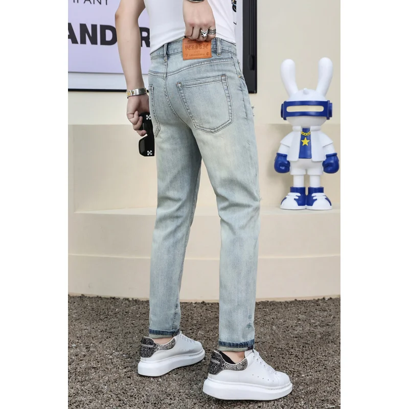 Summer Fashion Jeans Men's High-End Fashion Heat Transfer Printing Vintage Print Blue Light Luxury Stretch Slim Fit Tapered Pant