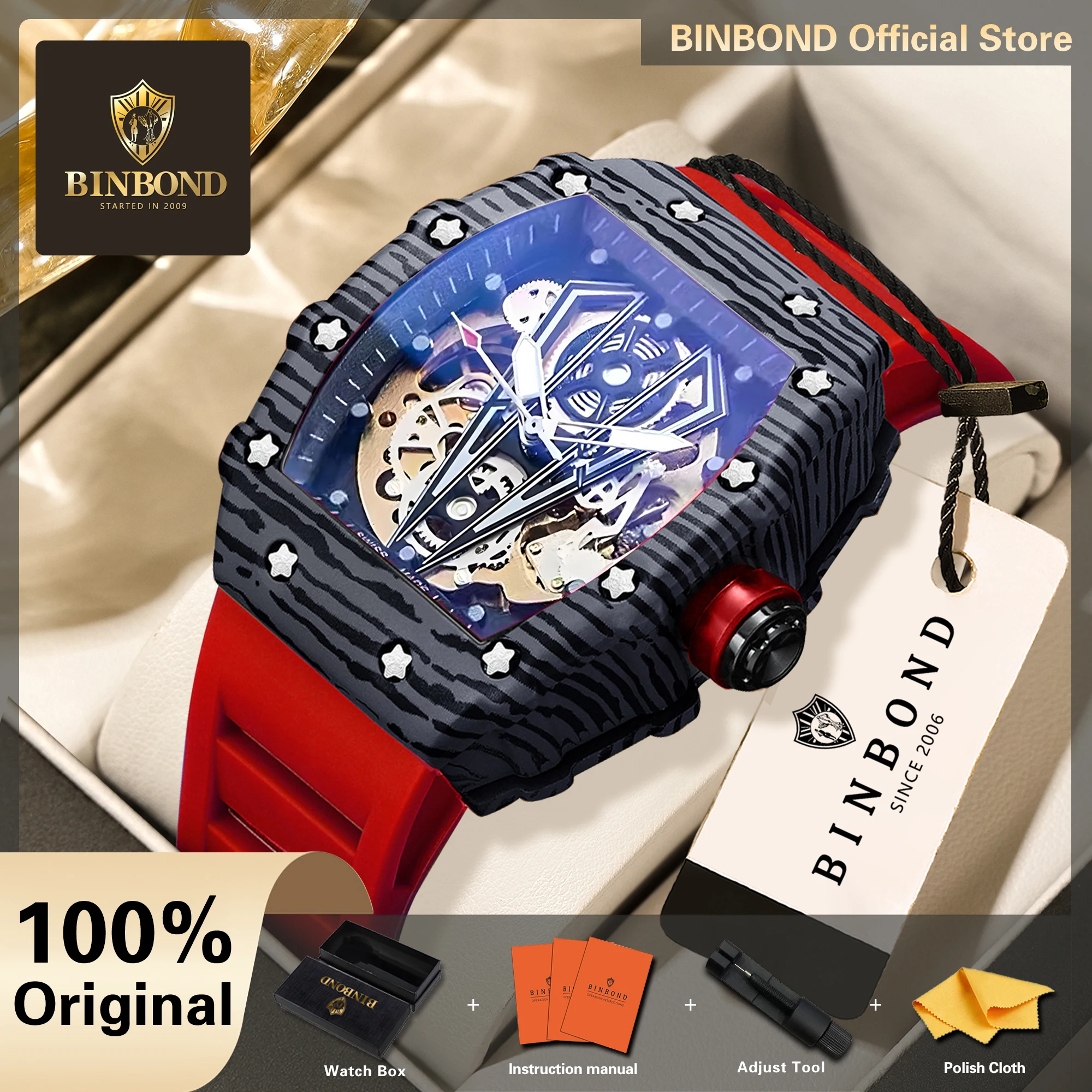 BINBOND Original Mechanical Wristwatches For Men Luxury Luminous Waterproof Men's Watch Reloj Automatico De Hombre +Gift Box
