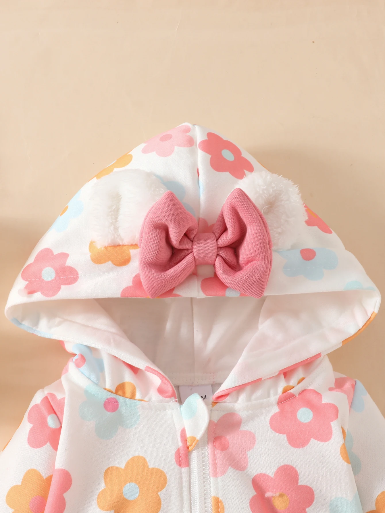 Newborn Baby Girl Autumn and Winter Sweet Casual Cute Comfortable Soft Stereo Plush Bow Hooded Toddler One-Piece Long Crawl Suit