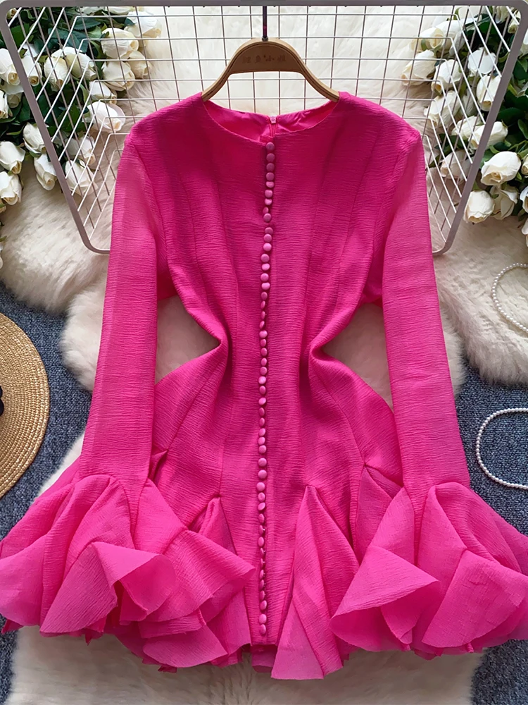 Women Rose Red A-line Luxury Mini Dress 90s Vintage Long Sleeve Evening Dresses Y2k Elegant One Piece Frocks 2000s Clothes 2024