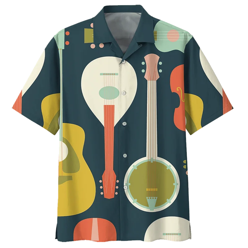 Fashion Colorful Guitar 3d Printed Hawaiian Shirt Men Musical Instrument Pattern Short Sleeves Shirt Oversized Lapel Blouse