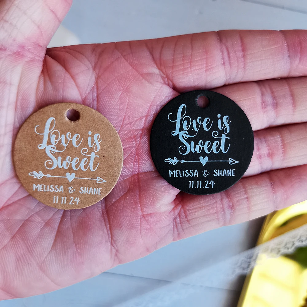 BY19-35mm Diameter White Text Print Tags Black Label Kraft Paper Labels Love Is Sweet Custom Wedding Favor and Gift Tags