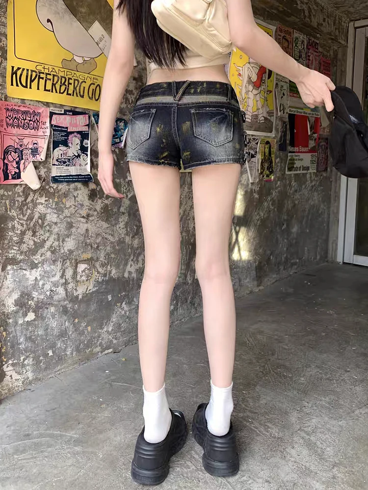 RORORIRI Grayu Foro strappato Pantaloncini di jeans blu Donna Anello Deocr Vintage Wash Distressed Pantaloni a vita bassa Y2k Estate Streetwear