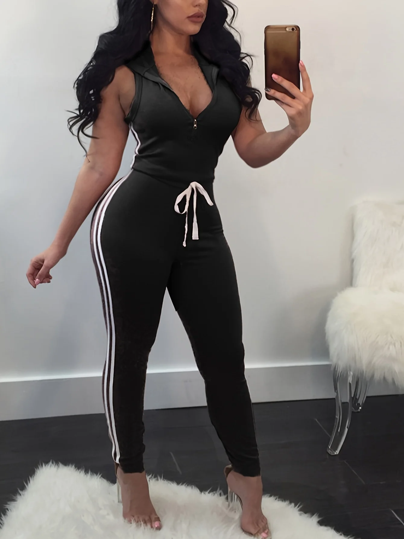 Women Deep V-neck Skinny Casual Striped Jumpsuits Zipper Work Out Sleeveless Long Overalls Grey Bodycon Workout Rompers