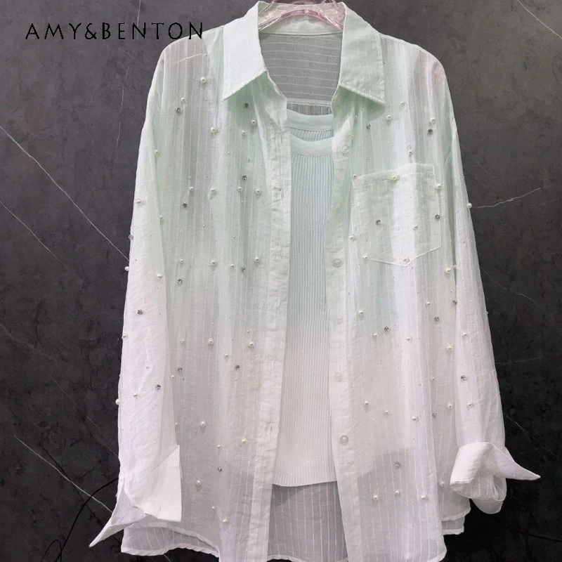 

New Summer Heavy Industry New Pearl Diamond Drills Cool Gradual Change Thin Shirt Women's Fashion Loose Casual Versatile Blouse