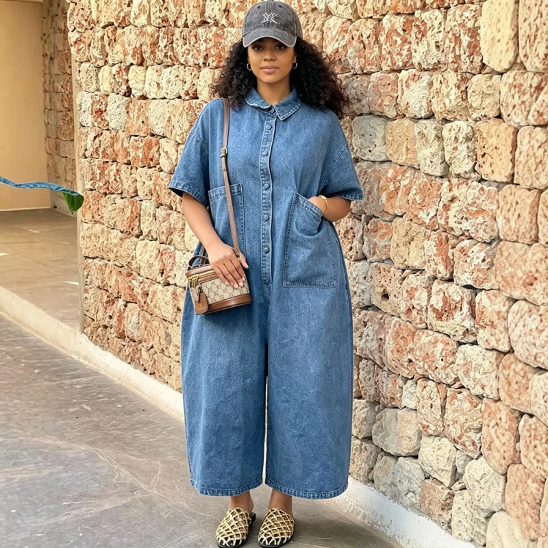 Trendy Women's Denim Jumpsuit Washed Single-Breasted Short-Sleeved Loose Fit for Casual Wear