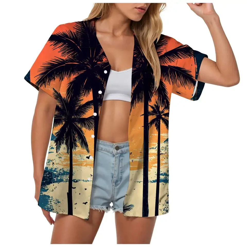 Women's Tropical Hawaiian Shirt Short Sleeved Button Down Tops And Blouses Summer Casual Beach Vacation Shirts Top Camisas
