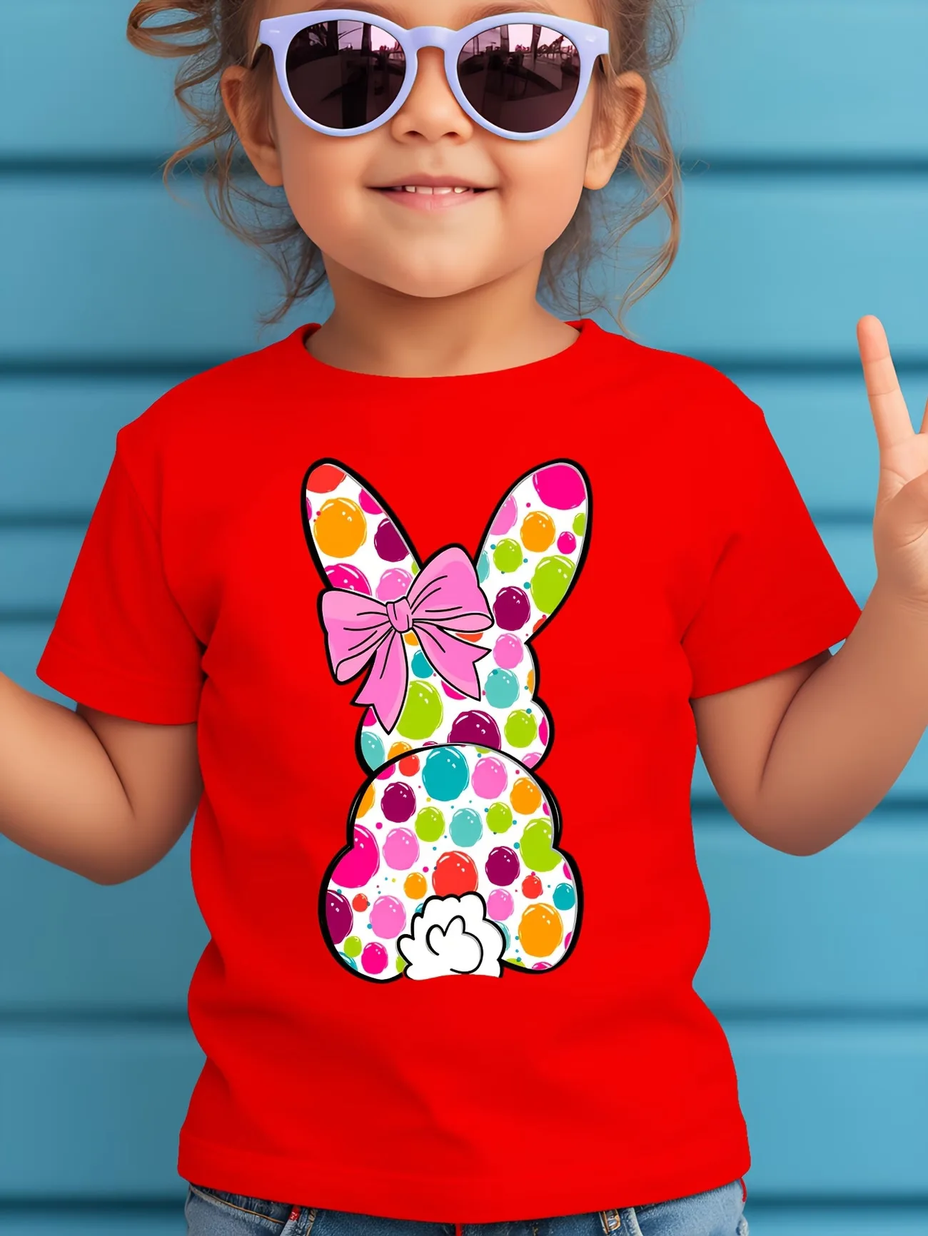 2026 New Easter Edition-Girl's Back View T-shirt with Dot Patterned Rabbit and Ribbon Print-Sweet, Cool, and Minimalist Casual D