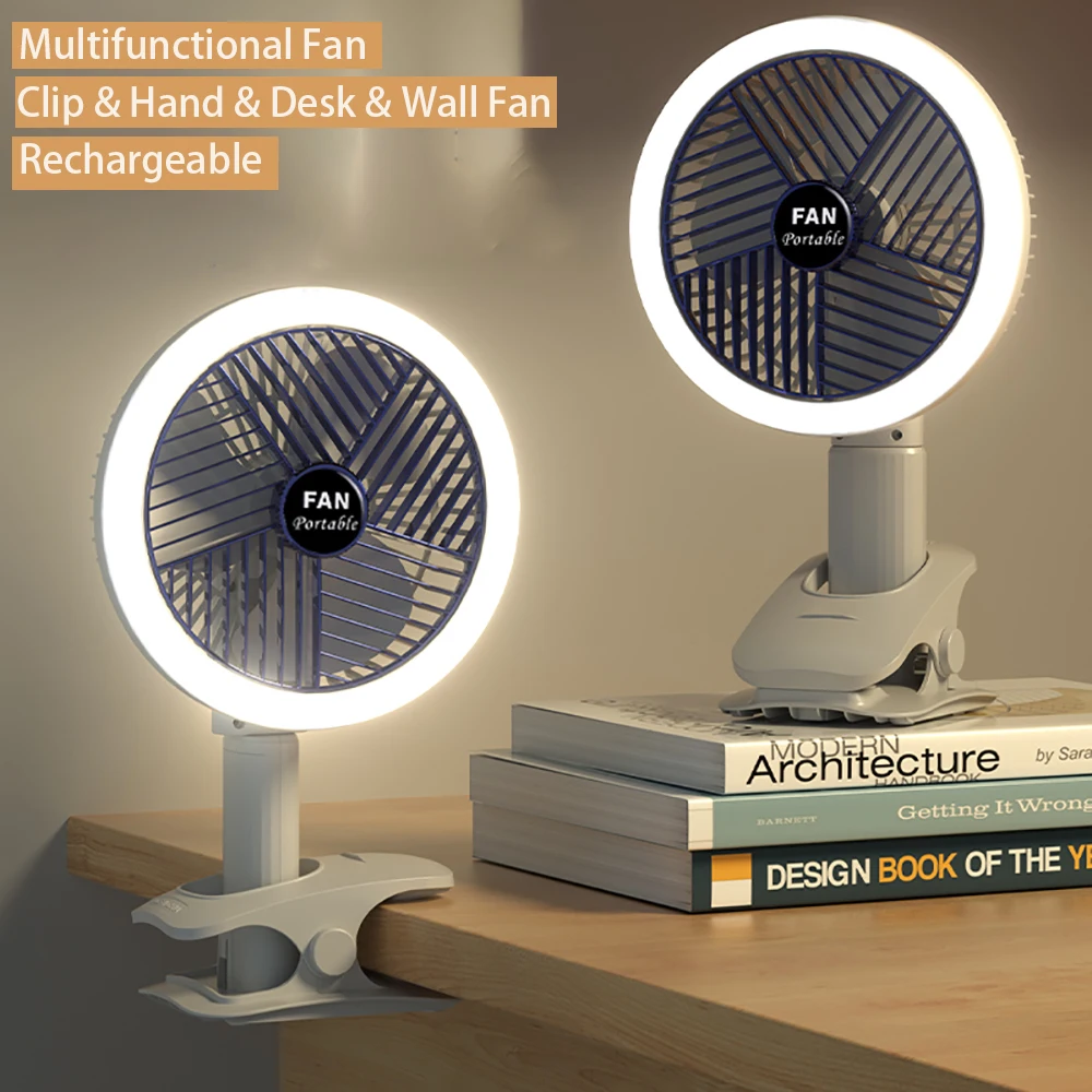 

Rechargeable Table Clip Fan Portable Desk Mini USB Fan 360 Degree Rotation Hand Electric Fan For Home Camping with LED Light