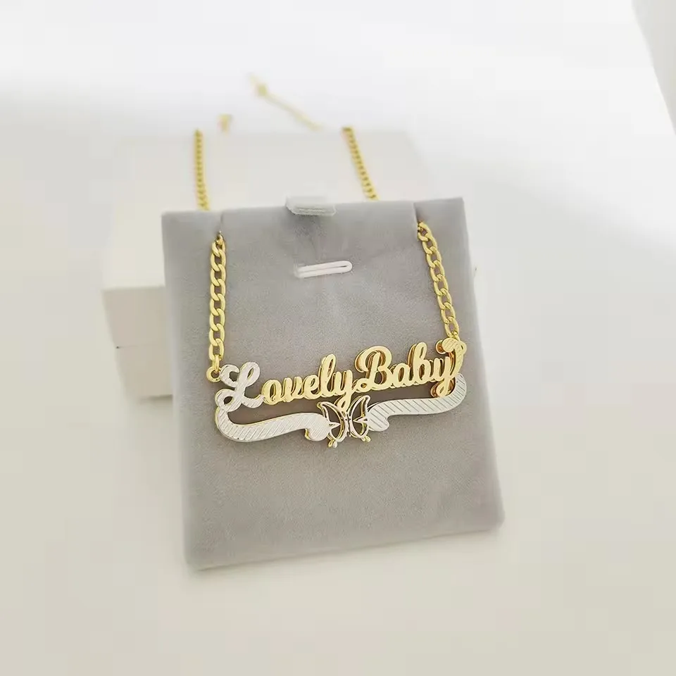 

QICAI 3D Custom Name Necklace Personalized Two Colors Name Necklace with Butterfly Double Layered Pendant Handmade Jewelry Gifts
