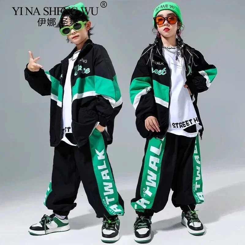 

Boys and Girls Contrast Bomber Jacket Sport Pants Street Dance Coat Children's Street Dance Wear Set Jazz Clothes School Uniform