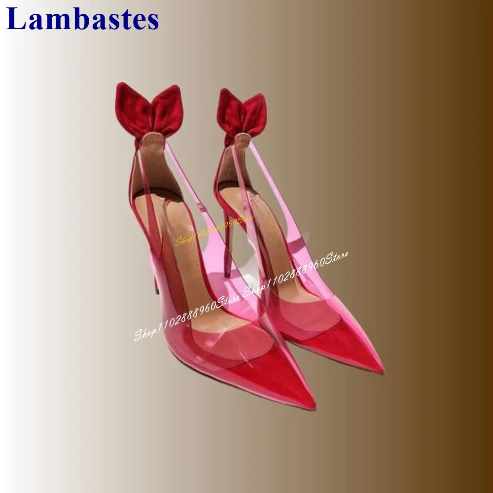 Red Transparent Patchwork Rabbit Ear Decor Sandals Thin High Heel Women Shoes Slip On Pointed Toe 2024 Sexy Zapatos Para Mujere