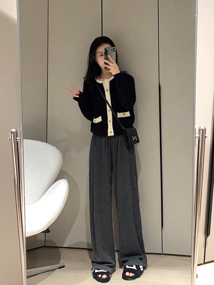 

Вязаные брюки Deep ey с широкими штанинами для женщин, повседневные, осенне-зимние, новые, прямые, длинные брюки