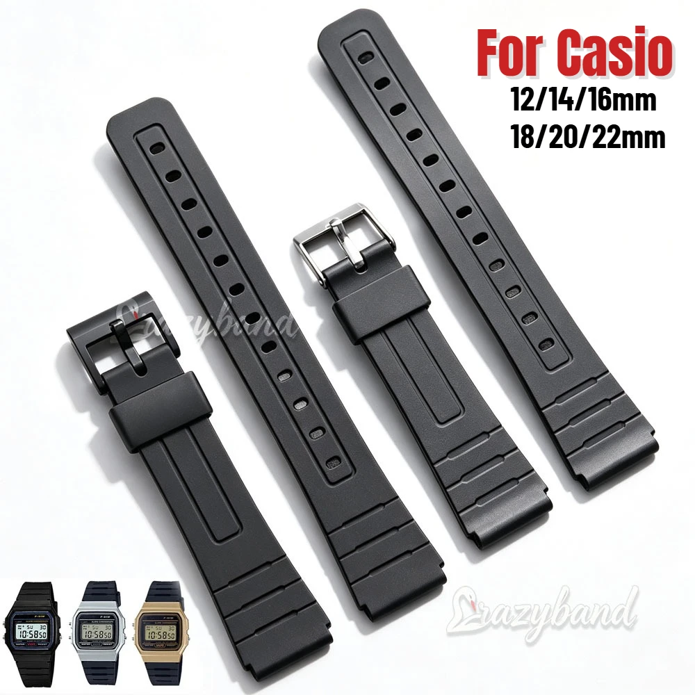 12/14/16/18/20/22mm Silicone Watch Strap for Casio W800H SGW400 F91W F84 F105/108 Band Black PU Resin Traditional Watch Bracelet