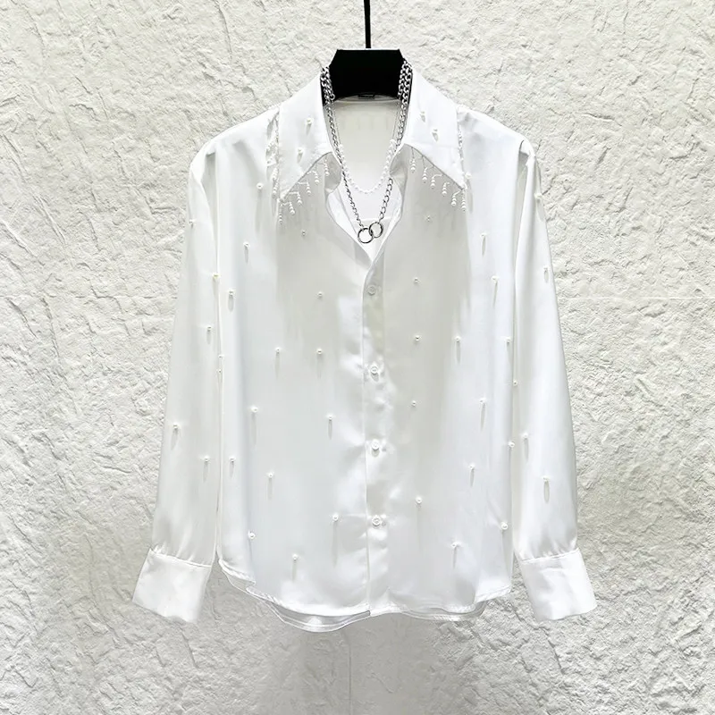 Heavy Industry Nail Bead Design Long Sleeve Casual Shirt for Men Fashion Tassel Banquet Party Shirts Stage Performance Costumes