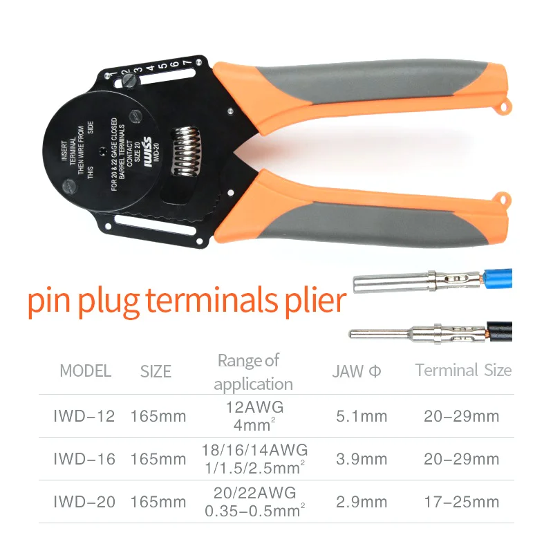 1pcs IWD-12/16/20 Solid Barrel Pins Plug Spring Terminal Cable Crimper Aviation Hand Tools 20-22 Awg Crimping Plier Clamp Tools