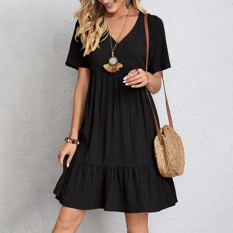 

Plus Size Loose V-neck Short Sleeve Pleated Women Dress Solid Color A-line Beach Dresses Elegant Simple Oversize Comfort Clothes
