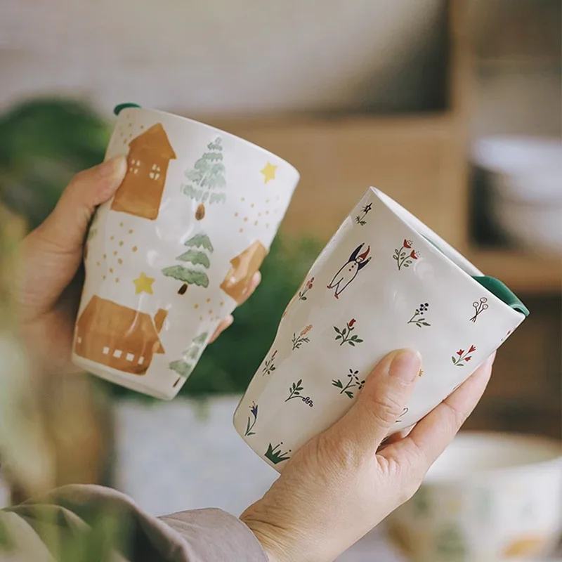 Korean Style Pretty High Temperature Firing Ceramics Coffee Cup Underglaze Colour Anti Scald Silicone Pad With Cover Milk Tea