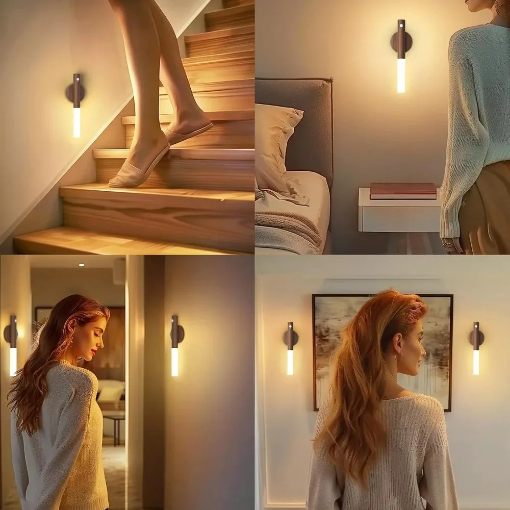 1개 모션 센서 야간 조명 LED 벽등 자석 설치 우드 그레인 야간등 침실 침대 옆 계단 복도용