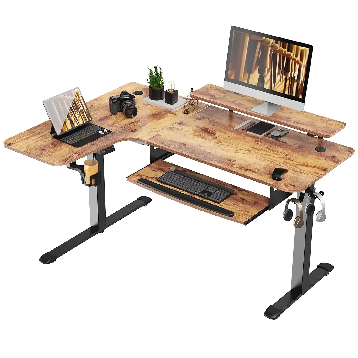 L Shaped Electric Standing Desk w Keyboard Tray, Adjustable Height Corner Computer Desk 61