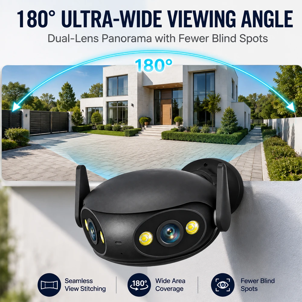 4K Dual Lens WiFi Security Outdoor Camera Full Color Night Vision 180° Ultra‑Wide Angle Waterproof Home Surveillance Camera