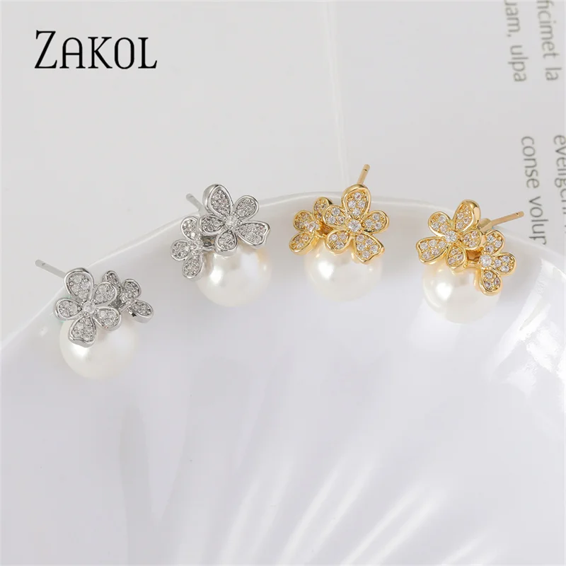 ZAKOL Exquisite Micro Inlay Zircon Flower Stud Earrings for Women Fashion Pearl Wedding Party Jewelry