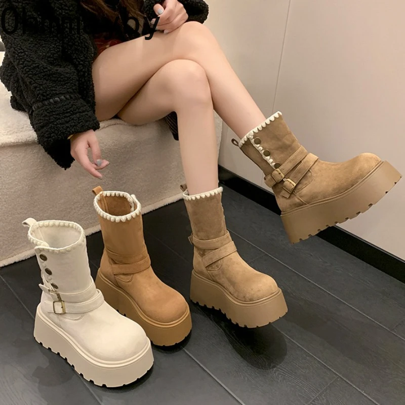 

Зимние модные массивные женские ботильоны, увеличивающие рост, женская короткая плюшевая обувь, женские короткие ботильоны на платформе с пряжкой на ремне