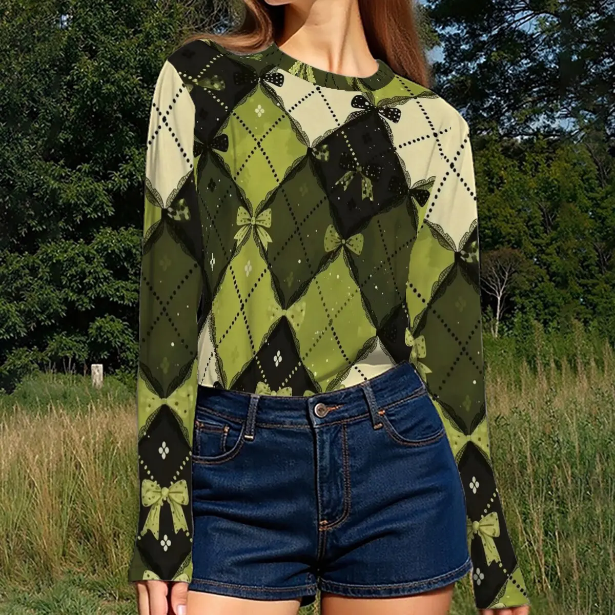 Women's long-sleeve top for autumn and winter, with plaid and bowknot elements, sweet and cool, retro, individual and sweet