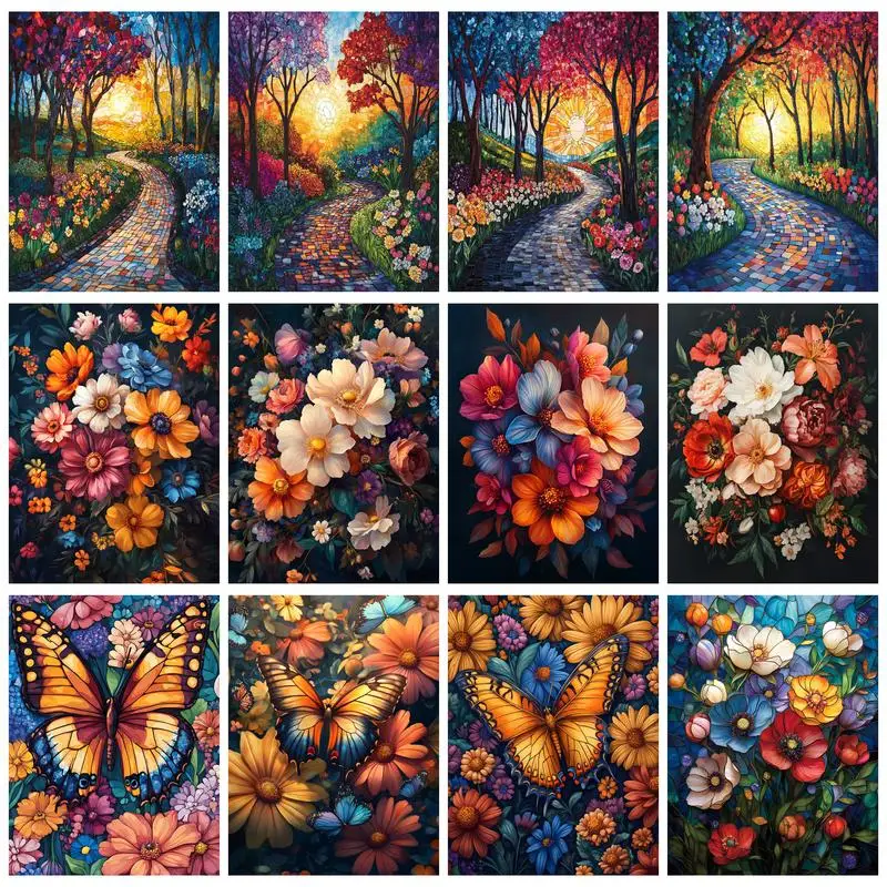 

RUOPOTY Picture With Numbers Colorful Flower Clusters Unique DIY Gift For Home Decor HandPainted Art For Living Room Home Decor