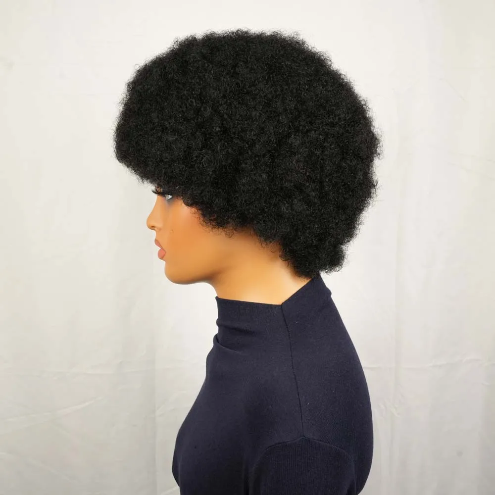 아프로 곱슬머리 픽시컷 인모 숏 가발 여성용 풀머신 메이드 가발 인모 블랙 컬러 자연스러운 가발